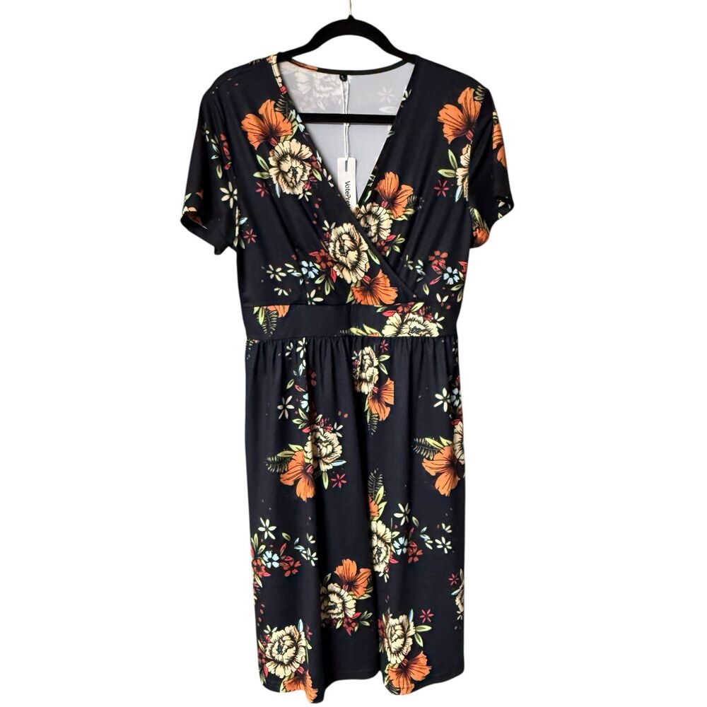 VotePretty Floral Dress Womens‎ Small Black Orange V-Neck Empire Waist Pockets